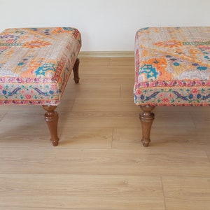 Tapijt Frontdoor Bank, Gestoffeerde Bank, Boho Bench Decor, Handgemaakte Kelim Bank, Lederen Ottomaanse Poef, Ottomaanse Boho Bank afbeelding 5