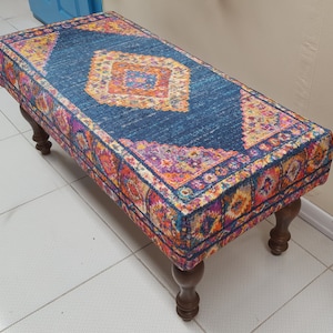 Oushak Rug Bench , Rug Storage Bench , Boho Coffee Table , Handmade Rug Bench , Leather Pouf Ottoman , Ottoman Coffee Table