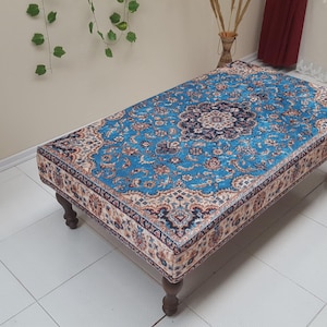 Vloerkleed poef, Indiase salontafel, teak salontafel, Ottomaanse vintage poef, gestoffeerde poef tapijt, poef lange bank, poef stoel