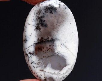 Op de afbeelding: Witte en zwarte dendritische agaat cabochon met een gladde, ovale vorm. De steen heeft een natuurlijk, organisch patroon van zwarte dendrieten.
