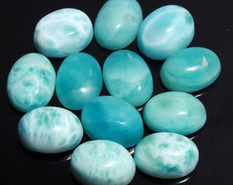 Natural Larimar Gemstone For Jewelry Making | Blue Larimar 15x11 MM Oval Shape Loose Cabochon Stone | Larimar Flat Back Gemstone, 4 Pcs Lot