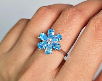 Blue Floral Statement Ring | 925 Sterling Silver Ring | Synthetic Blue Stone Jewelry | Gift for Women | Wedding Ring | Promise Ring For Her