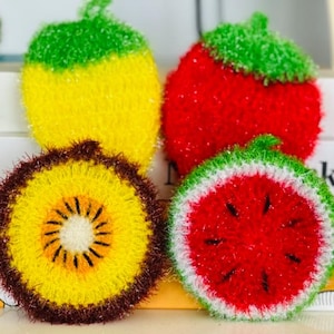 Set of 4  Dish Scrubbies, Fruit Shape, Sponge Alternative, Hand Crocheted,  Durable  Kitchen Scrubber/Scrubby, Gift, Party  Favor