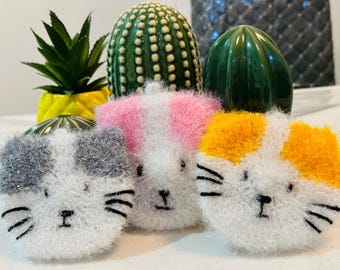 Set of 3 Crocheted Kitty Shape Dish Scrubby, Non- Scratch Kitchen Sponge, Eco-Friendly Scrubber
