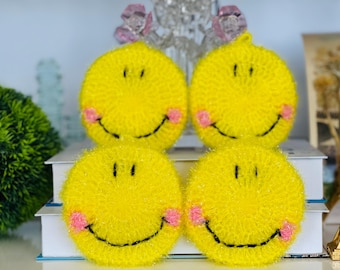 Set of 4 Dish Scrubbies, Smiley Face, Sponge Alternative, Double layer, Hand Crocheted, Durable Kitchen Scrubber/Scrubby, Gift, Party Favor