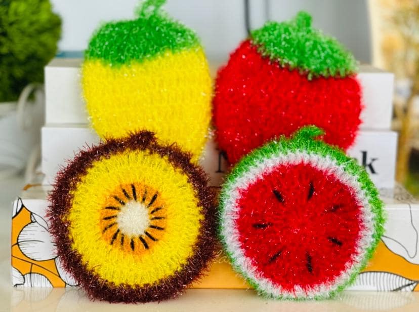 Set of 4  Dish Scrubbies, Fruit Shape, Sponge Alternative, Hand Crocheted,  Durable  Kitchen Scrubber/Scrubby, Gift, Party  Favor