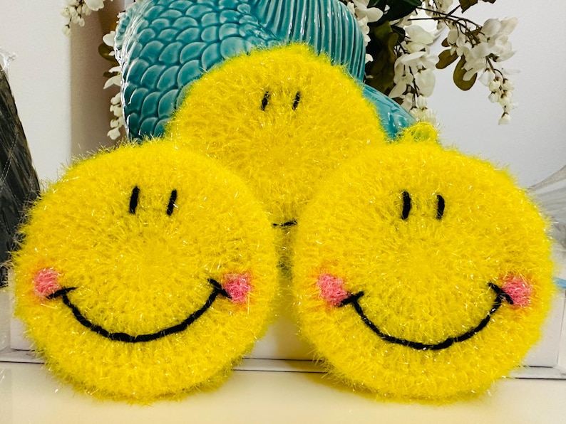 Set of 3 Crocheted Smiley Face Dish Scrubbers, Non-scratch Kitchen ...
