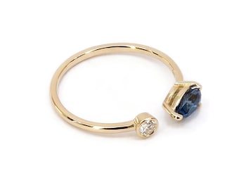 London Blue Topaz and Diamond 0.08 Ct Gold Ring Two Stones / Gold 9k 14k 18k / November Birthstone / Promise Ring / Gift For Her