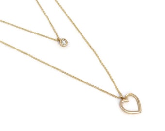 Diamant Solitär Kette Herz / 14k Gold 0,08 Ct. zierliche Diamant Lünette Set Halskette / Layering Halskette mit Diamant und Herz