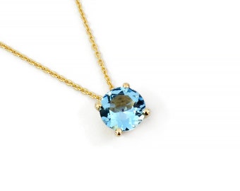 Swiss Blue Topaz 1.0 CT Necklace / Solid Gold 9k 14k 18k / Topaz Solitaire Necklace / Gold Topaz Pendant / Gift For Her December Birthstone