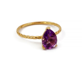 Natural Amethyst 14k Solid Yellow Gold Ring, Amethyst Gemstone Ring, Purple Pear Cut Genuine Amethyst, February Birthstone, Promise Ring