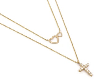 Diamond Cross Necklace / 14k Gold 0.19 Ct. Dainty Diamond Bezel Set Necklace / Layering Necklace with Diamond Cross and Heart