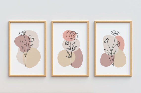 Flowers Botanical Line Art Wall Print Set of 3 Abstract Art - Etsy