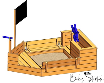 Sandbox pirate ship with benches and cover/ children's play tower/ DIY/ step-by-step building instructions by German engineer /PDF download