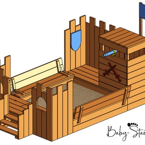 Sandbox knight's castle with bench and lid / children's play tower / DIY / step-by-step building instructions / PDF download / 34 pages