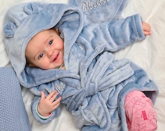 Babies personalised hooded dressing gown Dusky Blue