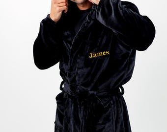 Personalised Plush Mens Dressing Gown, Embroidered Robe, Custom Embroidered Gift for Him