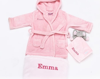 Babies unisex personalised dressing gown, elephant comforter and sherpa blanket gift set