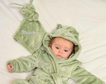 Babies 2 piece personalised dressing gown and comforter gift set Green