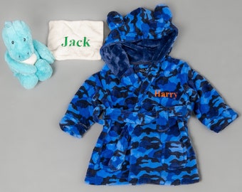 Lulabay baby boys personalised Camo print hooded dressing gown and dinosaur toy gift set