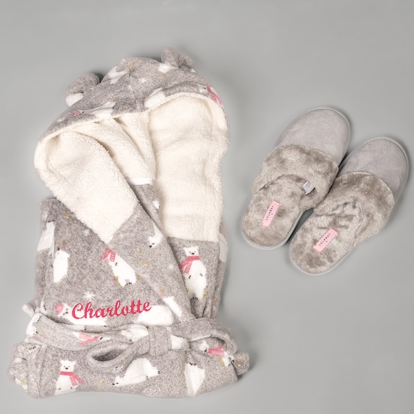 Ladies personalised polar bear printed dressing gown and slippers gift set