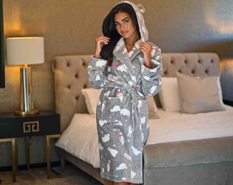 Ladies personalised hooded polar bear printed dressing gown