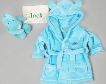 Baby boy personalised super soft hooded dressing gown and dinosaur toy gift set