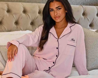 Ladies personalised jersey long sleeve shirt and trouser pyjama set