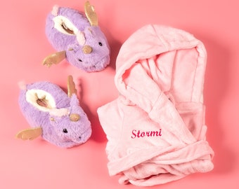 Girls personalised hooded dressing gown and unicorn slippers gift set