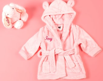 Baby girls personalised super soft hooded dressing gown and bunny toy gift set