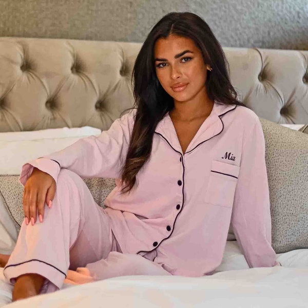 Ladies personalised jersey long sleeve shirt and trouser pyjama set