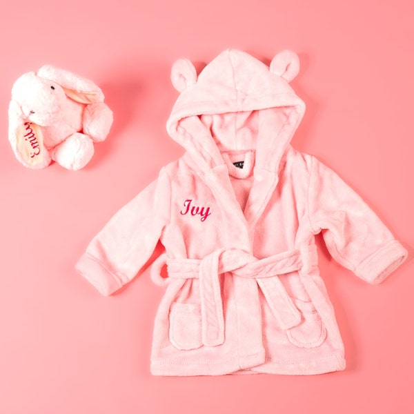 Baby Mädchen personalisierter super weicher Hausmantel mit Kapuze und Hase Spielzeug Geschenkset