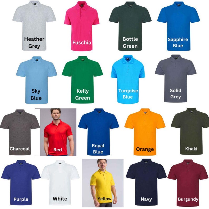 May include: A collection of short-sleeved polo shirts in various colors, including heather grey, fuchsia, bottle green, sapphire blue, sky blue, kelly green, turquoise blue, solid grey, charcoal, red, royal blue, orange, khaki, purple, white, yellow, navy, and burgundy. Each shirt has a collared neckline.