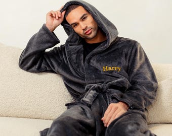 Personalised Two Tone Mens Dressing Gown, Embroidered Robe, Custom Embroidered Gift for Him