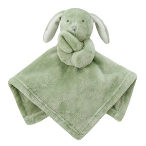 May include: A soft green plush security blanket with a sewn-on green bunny with white ears. The bunny has a gray nose and eyes.