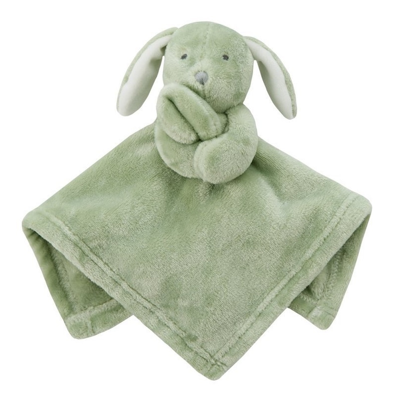 May include: A soft green plush security blanket with a sewn-on green bunny with white ears. The bunny has a gray nose and eyes.