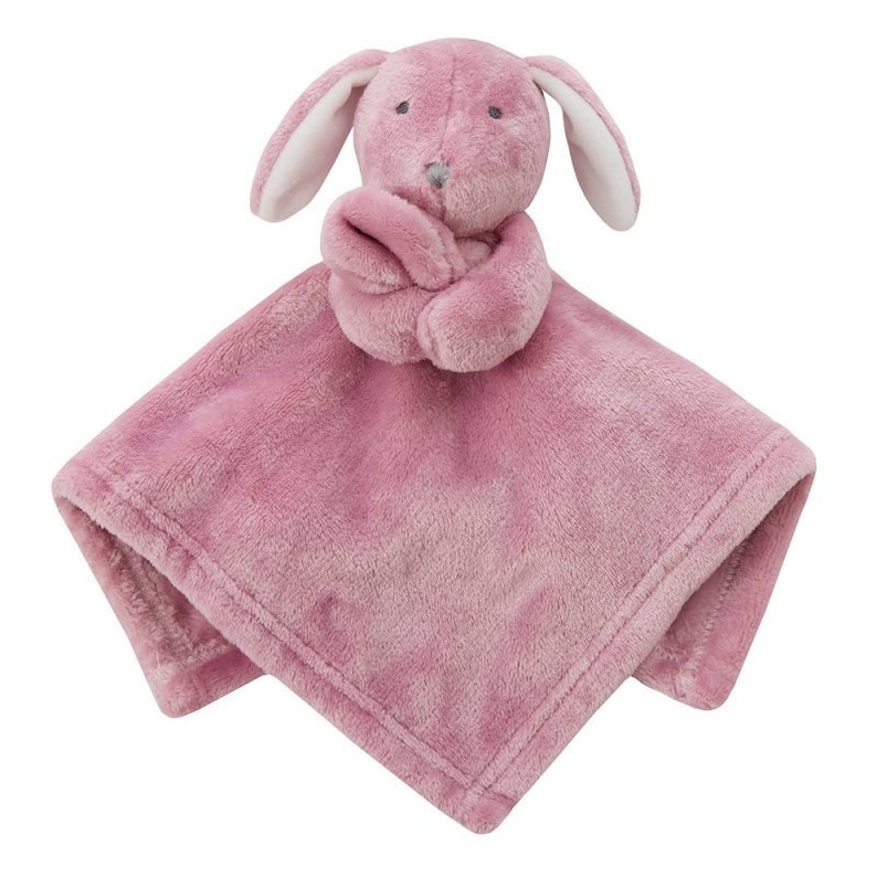 May include: A pink plush bunny security blanket with a white face and ears. The blanket is soft and cuddly, perfect for a baby or toddler.