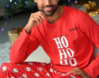 Pyjama Noël Homme En Satin - 2 Pièces, Motif Père Noël Et Flocons, Short, Inscription HoHoHo