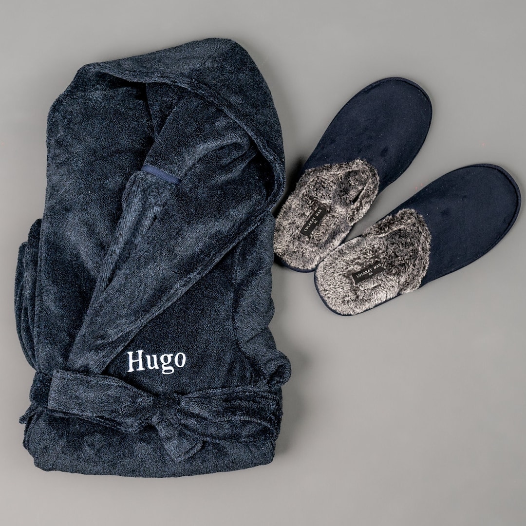 Mens Personalised Hooded Two Tone Dressing Gown and Slippers Gift Set