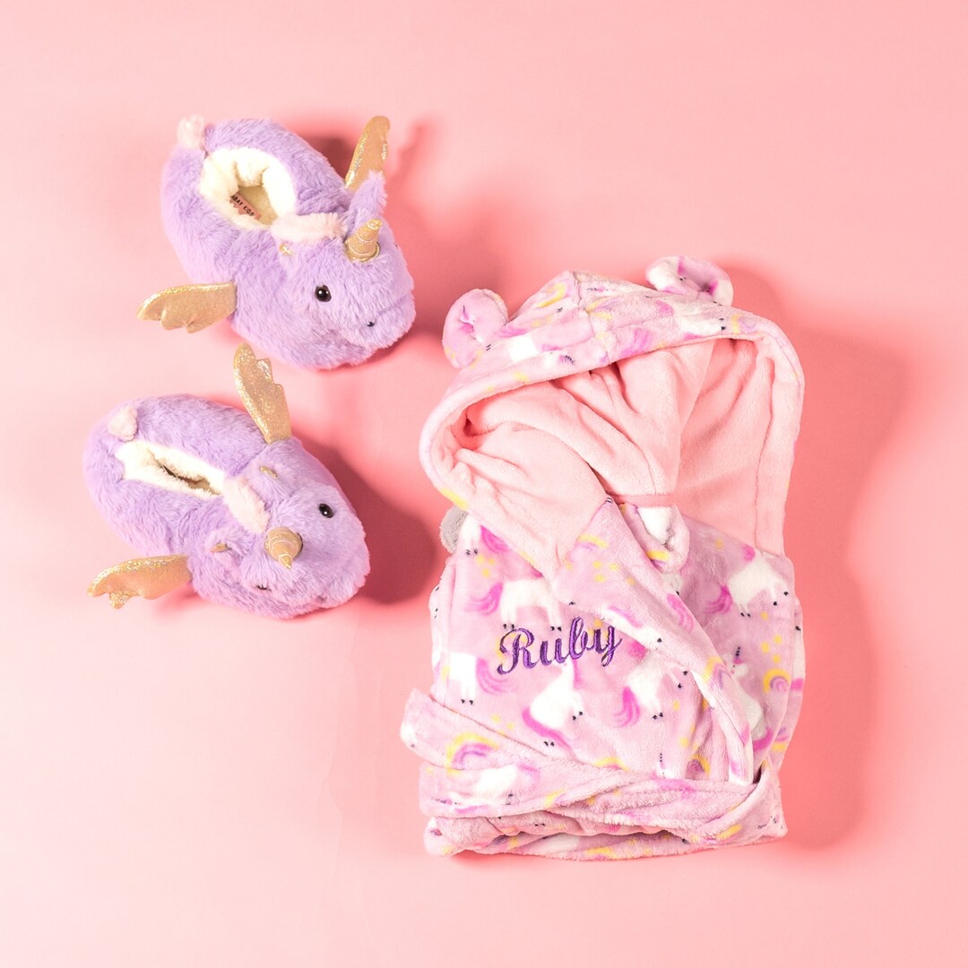 Lulabay Girls Personalised Unicorn Dressing Gown and Slipper Gift Set