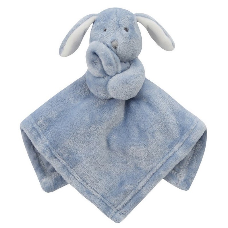 May include: A blue plush baby blanket with a soft, cuddly bunny attached. The bunny has white ears and a sweet expression.