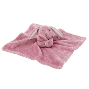 May include: A pink plush security blanket with a soft, pink bunny attached. The bunny has white ears and a gray nose.