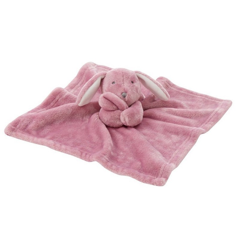 May include: A pink plush security blanket with a soft, pink bunny attached. The bunny has white ears and a gray nose.
