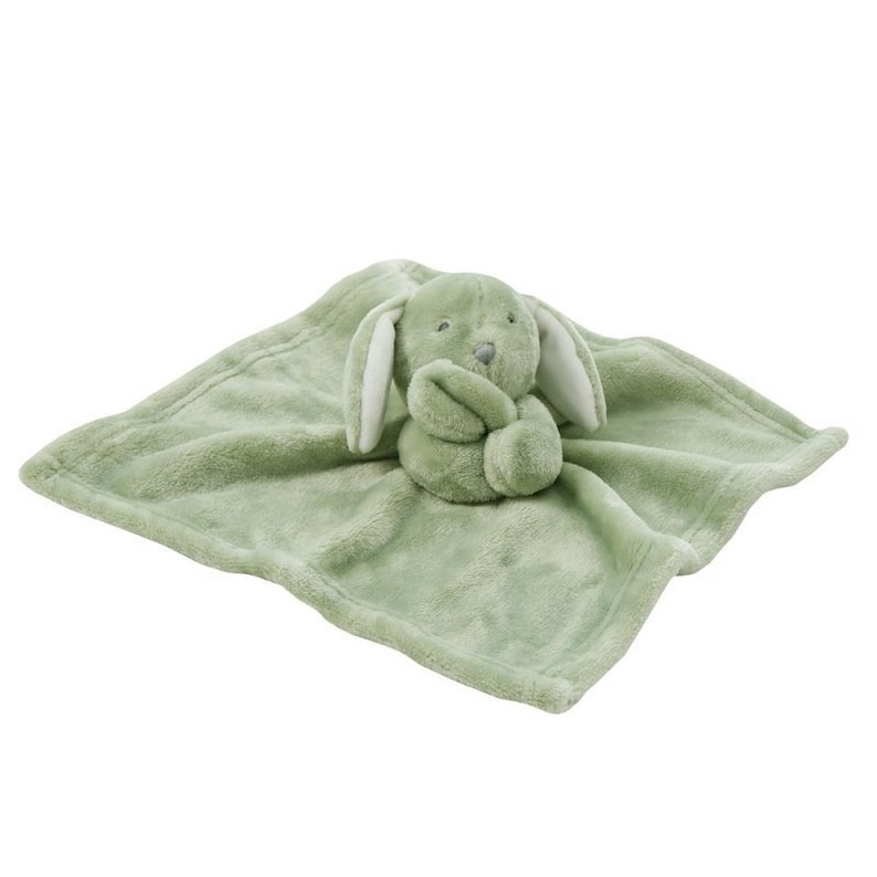May include: A soft green plush security blanket with a sewn-in plush bunny. The bunny has white ears and a gray nose.
