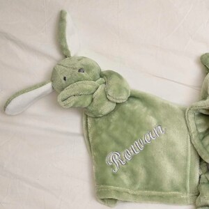 May include: A green plush bunny security blanket with a white embroidered name "Rowan" on the blanket.