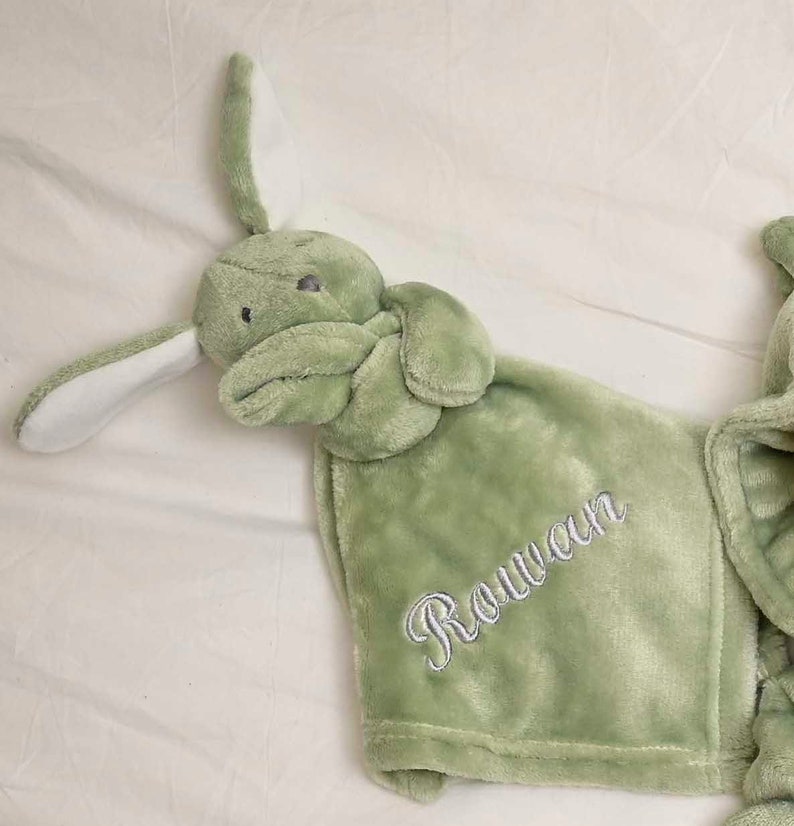 May include: A green plush bunny security blanket with a white embroidered name "Rowan" on the blanket.