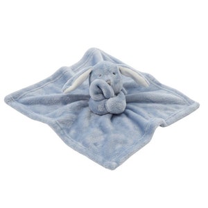May include: A soft blue baby blanket with a plush bunny attached. The bunny has white ears and is holding its paws together.