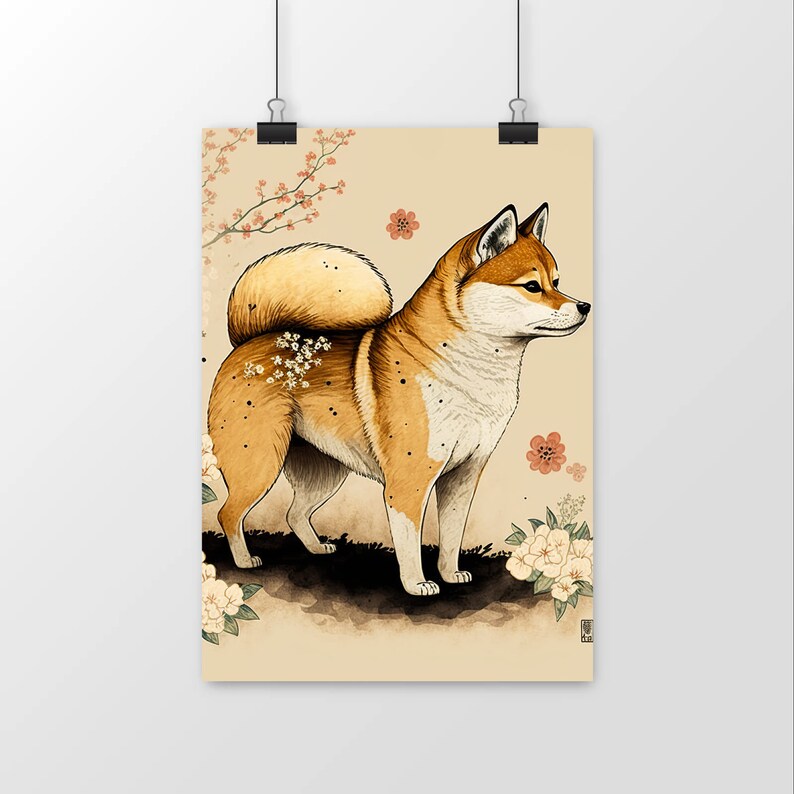 Wall poster dog shiba inu Japanese Art style illustration wall decoration image 1