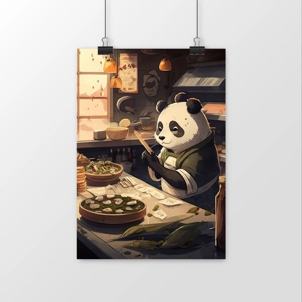 Poster manga d'un panda travaillant comme chef dans un restaurant de sushi travaillant derrière le comptoir, anime art style