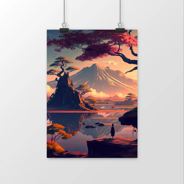 Poster japonais type peinture paysage style lofi couché de soleil  affiche sur un lac anime et fleur de cerisier